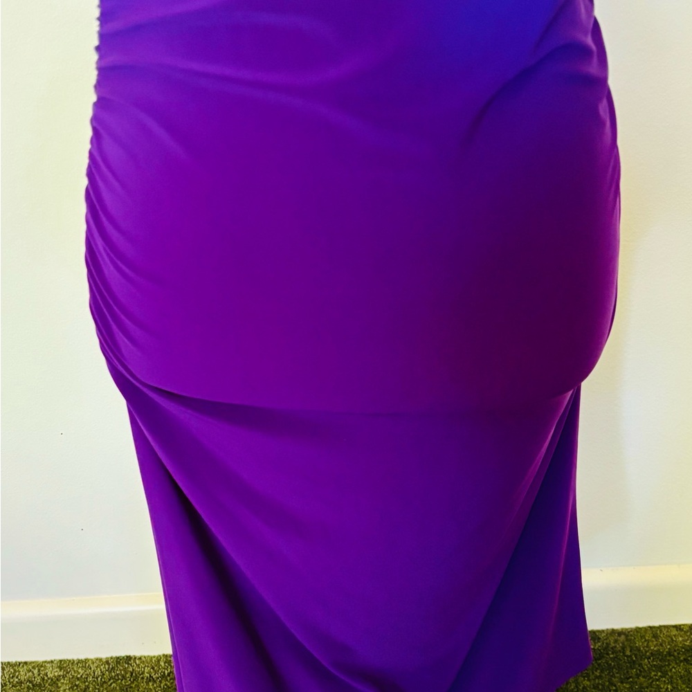 Tiana B. Size S Stretchy Purple Sleeveless Midi Cowl Neck Dress w Ruching - Picture 3 of 9